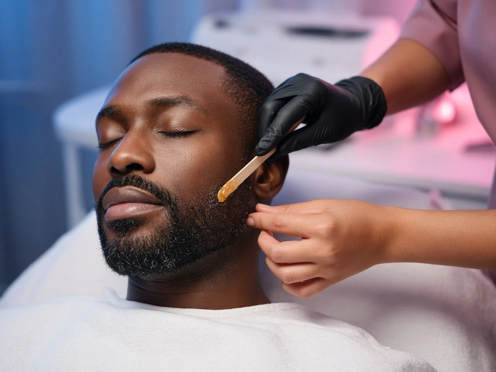 Men's Facial Waxing for Pendleton clients — Esthetician applying facial wax along a man's beard line in a spa treatment room